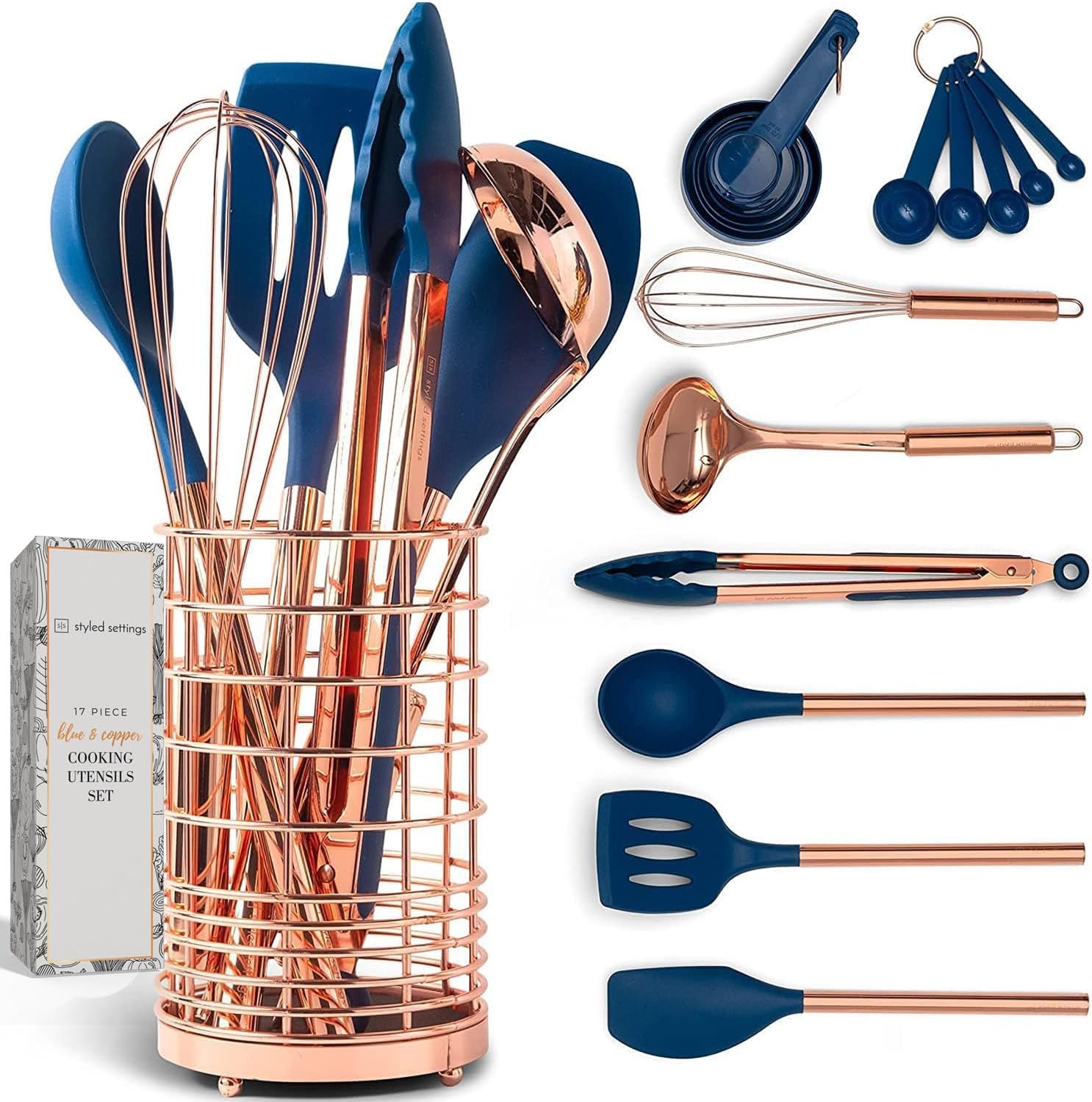 Copper and Blue Silicone Cooking Utensils Set